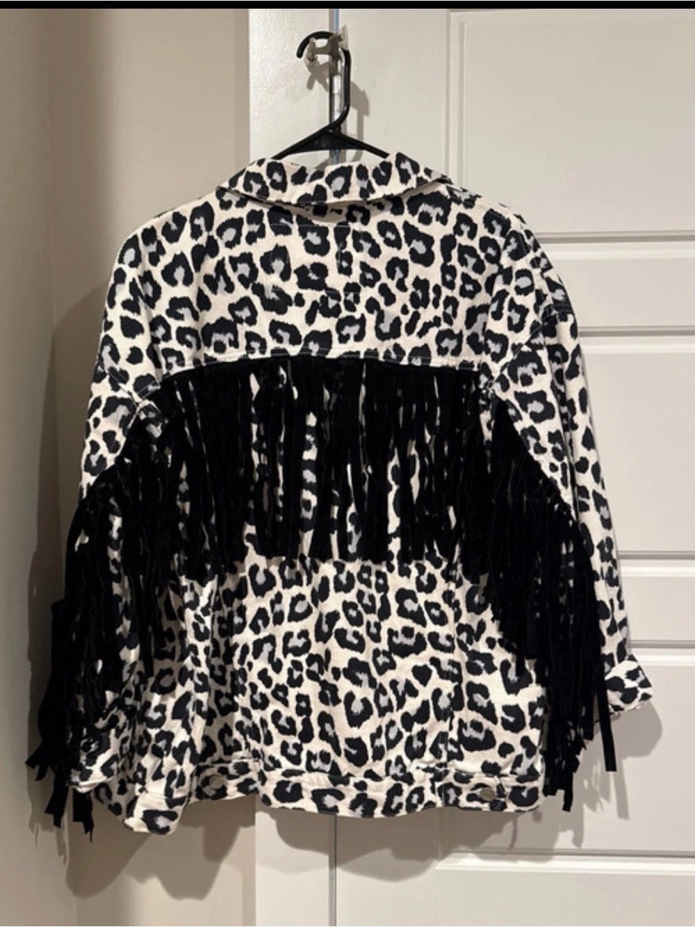 Black white grey leopard Jean jacket with black fringe  medium oversized